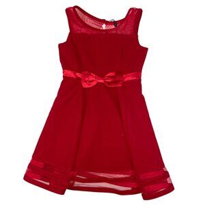 Calvin Klein Girls Red Fit & Flare Dress With Sheer Mesh Details & Bow Accent Si